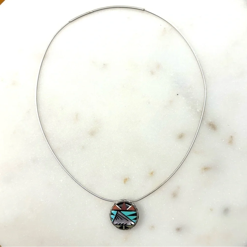 C.C. Booqua Native Zuni Mother of Pearl Red Coral Jet Inlay Pendant and Brooch